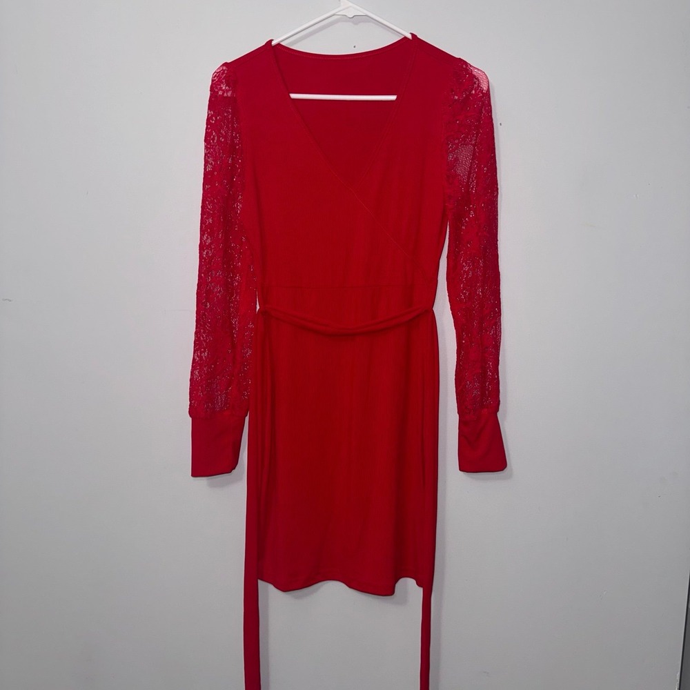 SHEIN Women's Red Mini‎ Dress w/ Open Lace Long Sleeves Size 6 - Small